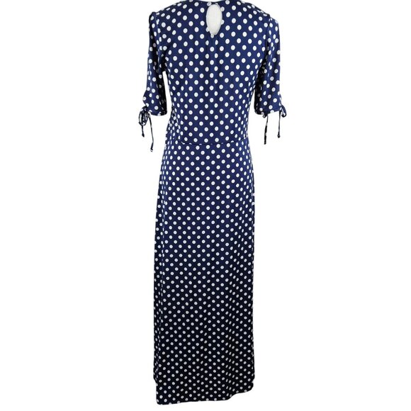 Star Vixen Womens Large Polka Dot Navy Maxi Dress Tie-Sleeves & Keyhole Back - Picture 4 of 11